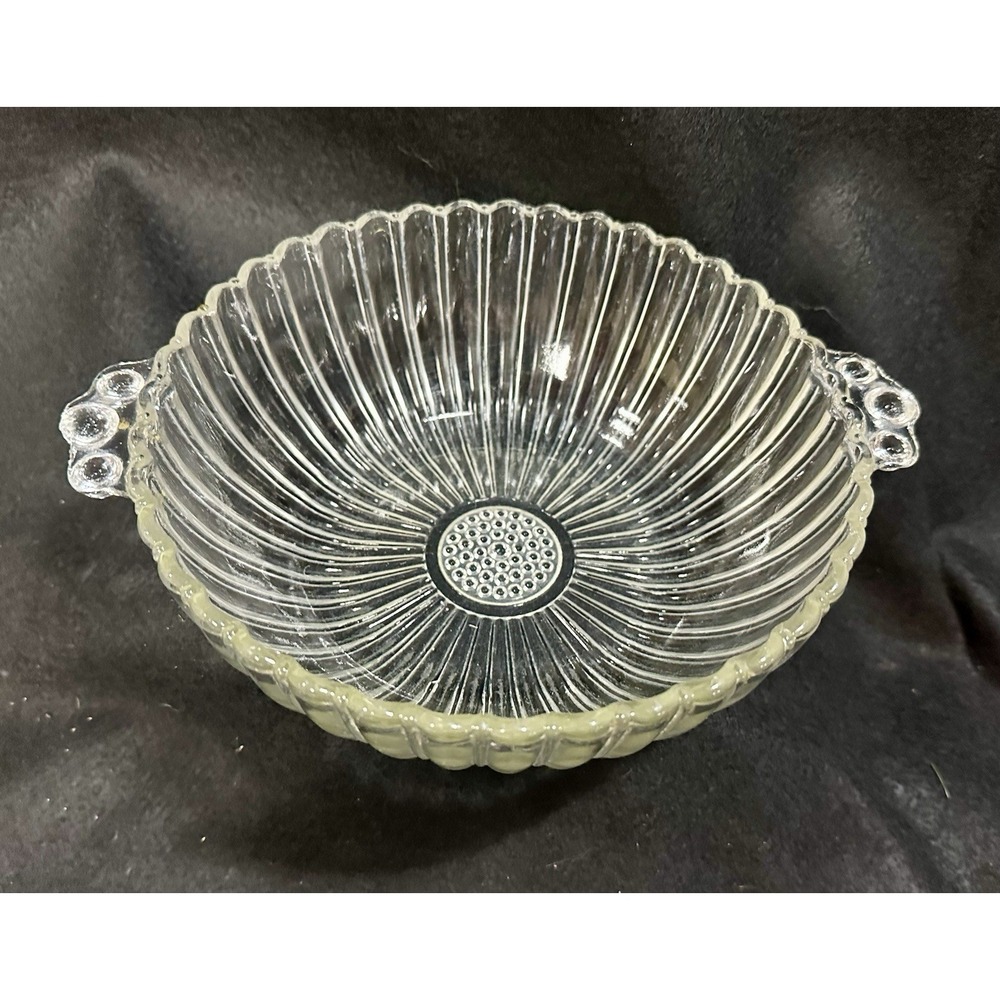 Vintage Ribbed Glass Bowl 9.5" Scalloped Edges Hobnail Bottom & Handles Jeanette